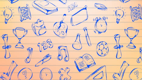 animación de iconos educativos y escolares sobre papel con líneas naranjas