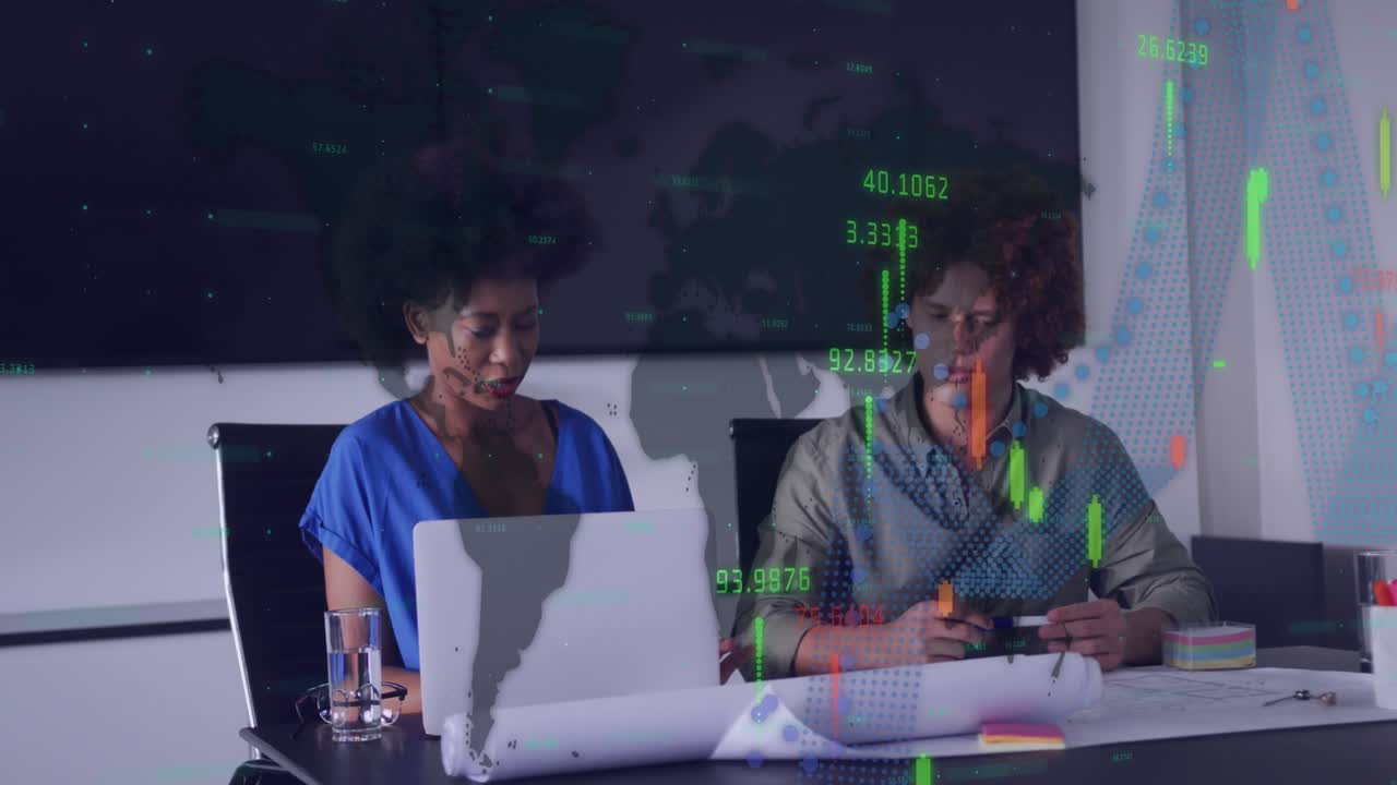 Animation of data processing over diverse business people in office