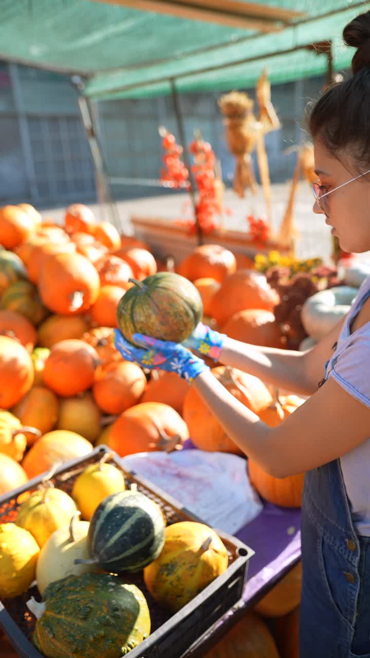 가을 시장 에서 호박 을 수확 하는 젊은 여자