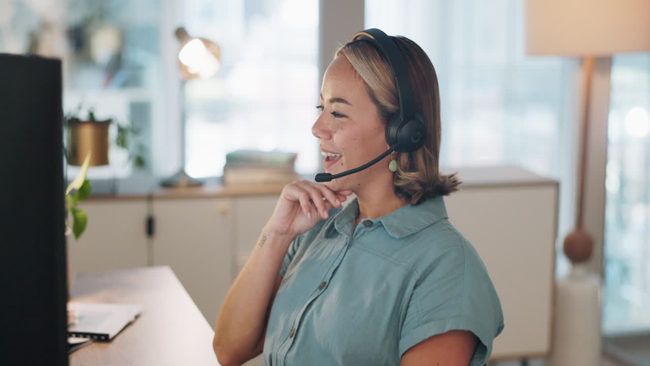 CRM, customer service or woman wave on video call