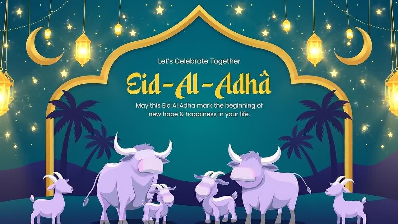 Animazione banner di auguri per Eid al-Adha con sagome di bestiame, palme e lanterne luminose sotto un cielo stellato