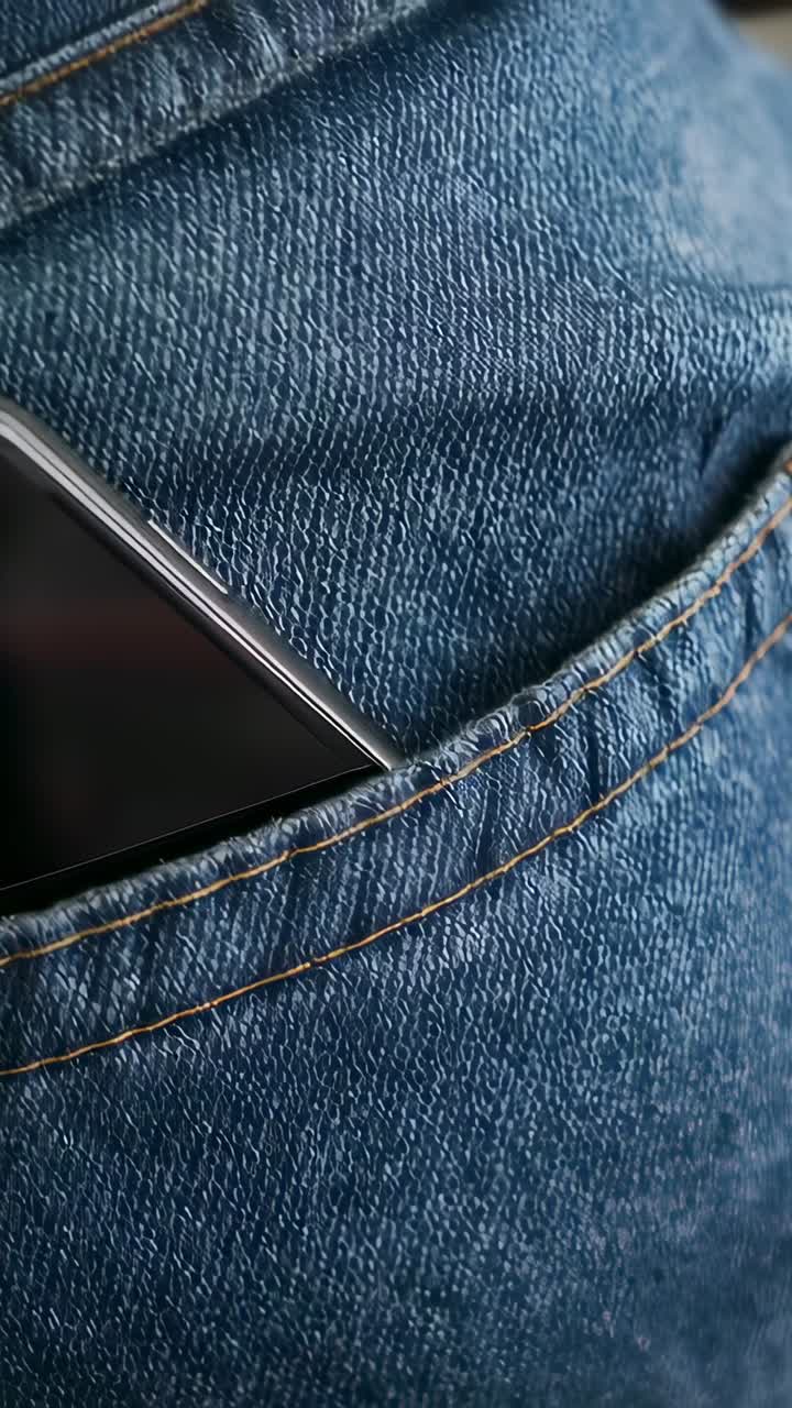 Vertical video: Shifting camera causing smartphone sliding in denim pocket, revealing curved edge