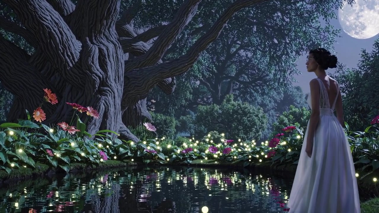 Woman in White Dress Standing by Magical Pond at Night