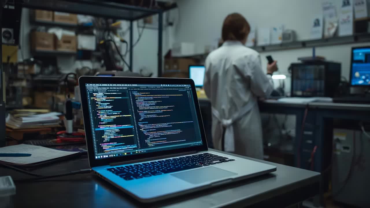 Entering lab engineer retrieving smartphone with colleague reviewing laptop code and test readings