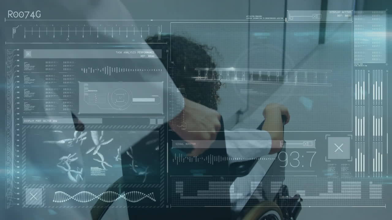 father pushing son wheelchair down corridor, showing floating medical graphs, DNA helix, monitors