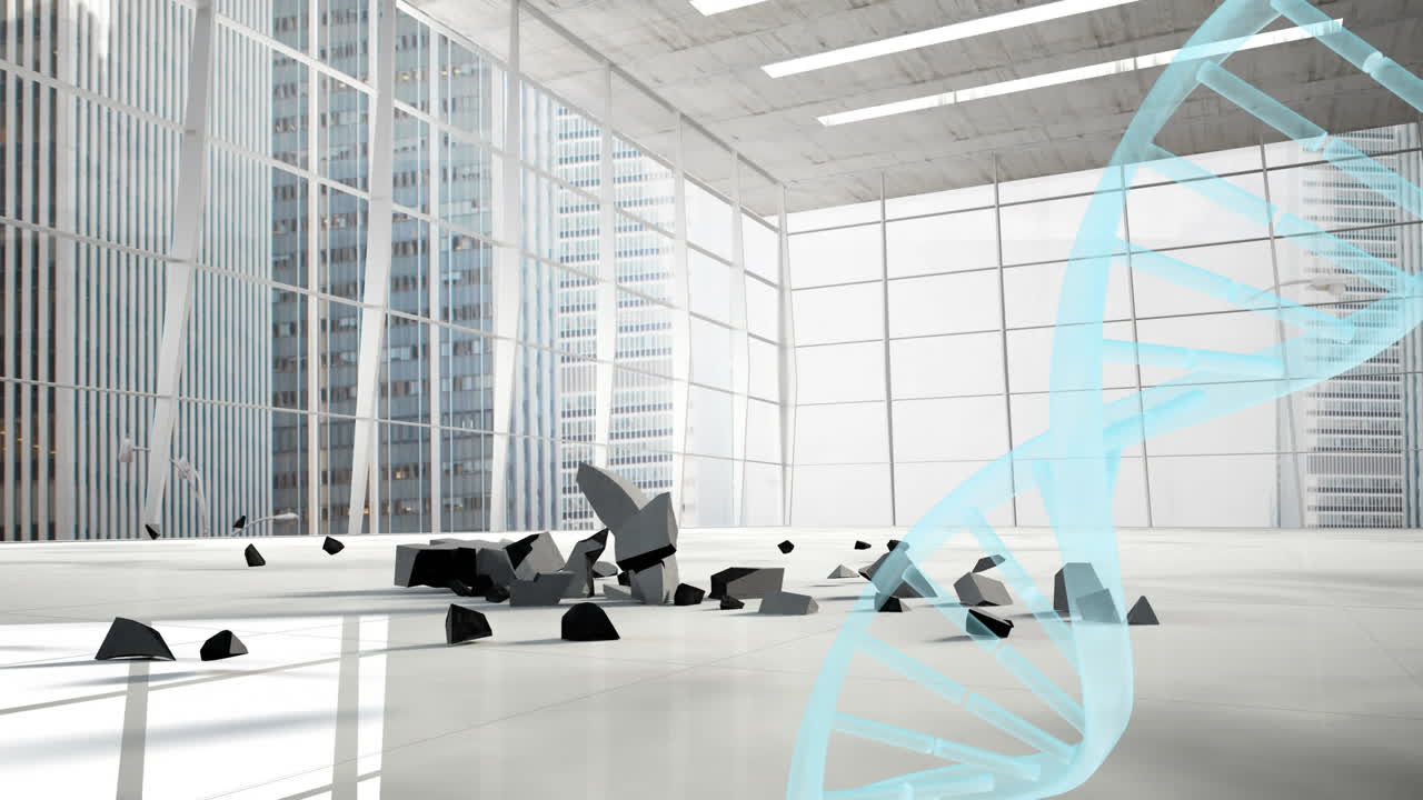 dna 구조가 회전하는 유로 통화 기호가 떨어지고 현대 사무실에 부러집니다.