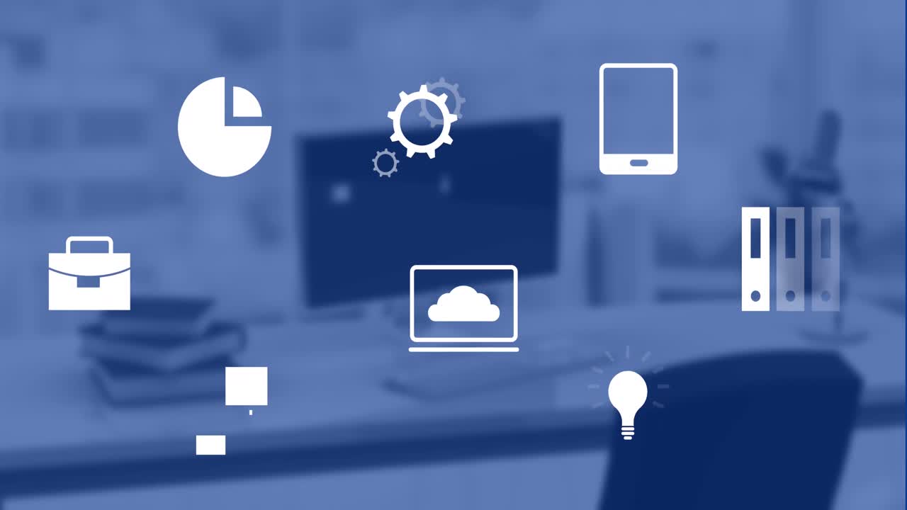 컴퓨터로 사무실 책상 위에 비즈니스 아이콘의 애니메이션