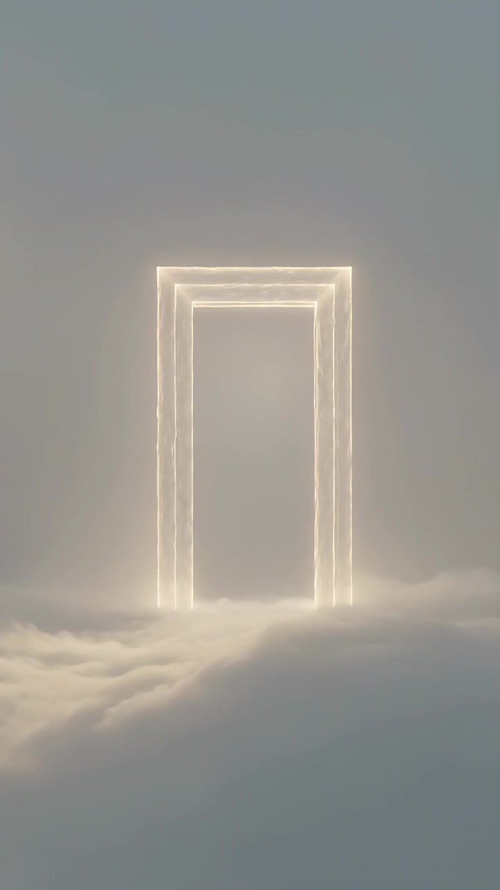 Video verticale: Portale luminoso a tre fotogrammi che pulsa, fluttuante sopra un banco di nuvole nebbiose, con un alone scintillante.