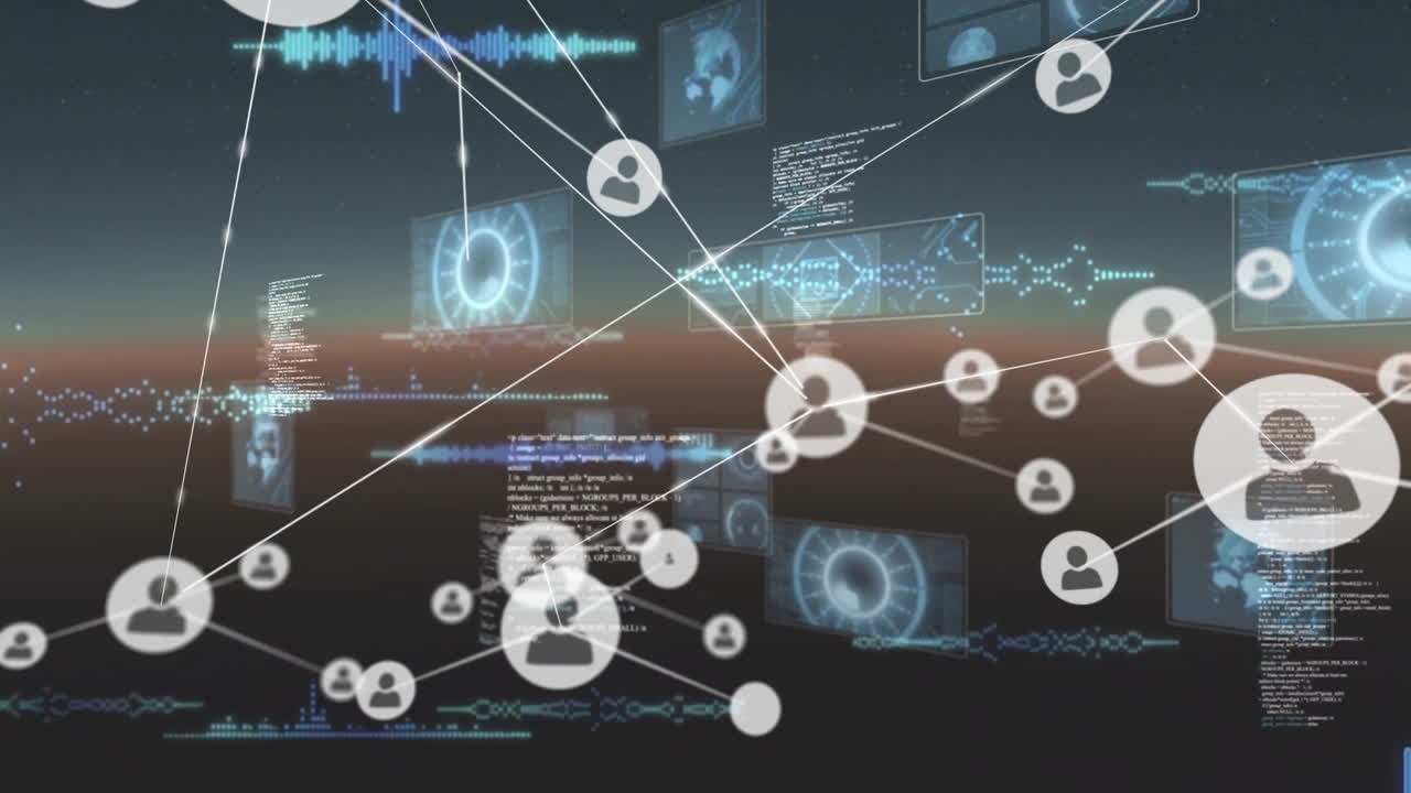 Data processing and network connections animation over digital interface background