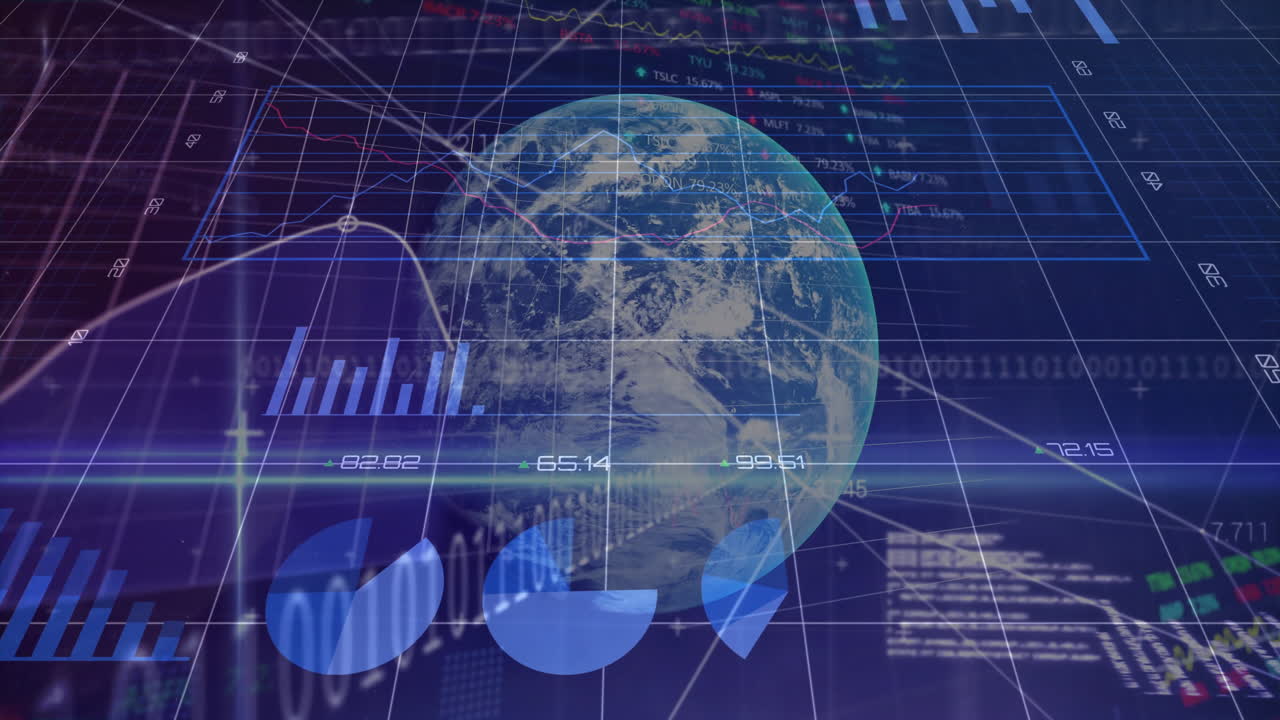 Transparent Earth globe floating over dark blue data panel, displaying 3D grid charts code overlay