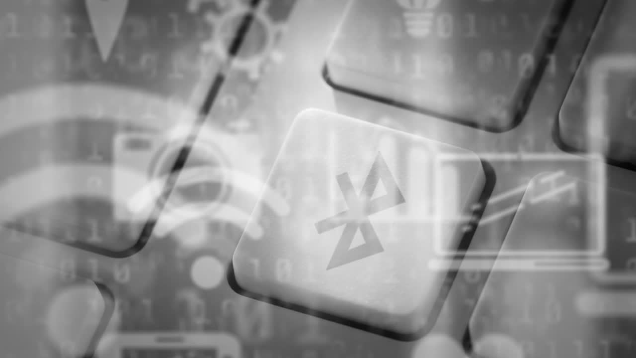 Animation of digital online icons over computer keyboard on grey background
