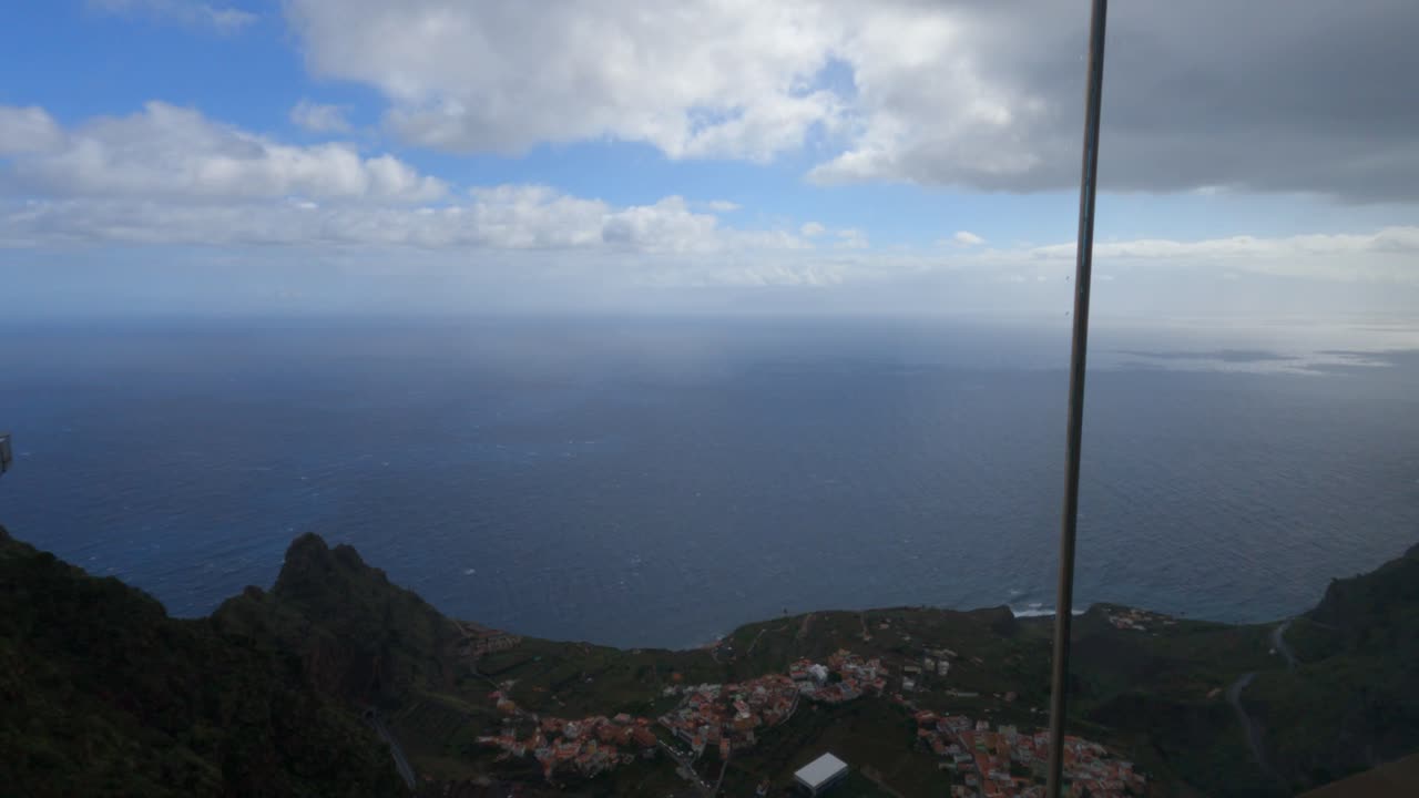 Stunning aerial panoramic view of a coastal village in La Palma, Canary Islands, surrounded by lush green mountains with vast Atlantic Ocean horizon under cloudy sky