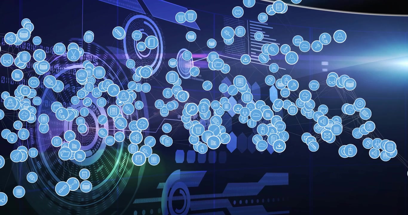 Animation of network of connections with digital icons over data processing in background