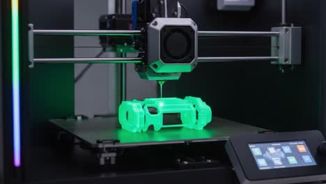 cutting-edge 3d printer producing a vibrant green object, showcasing innovative technology and advanced manufacturing techniques in action