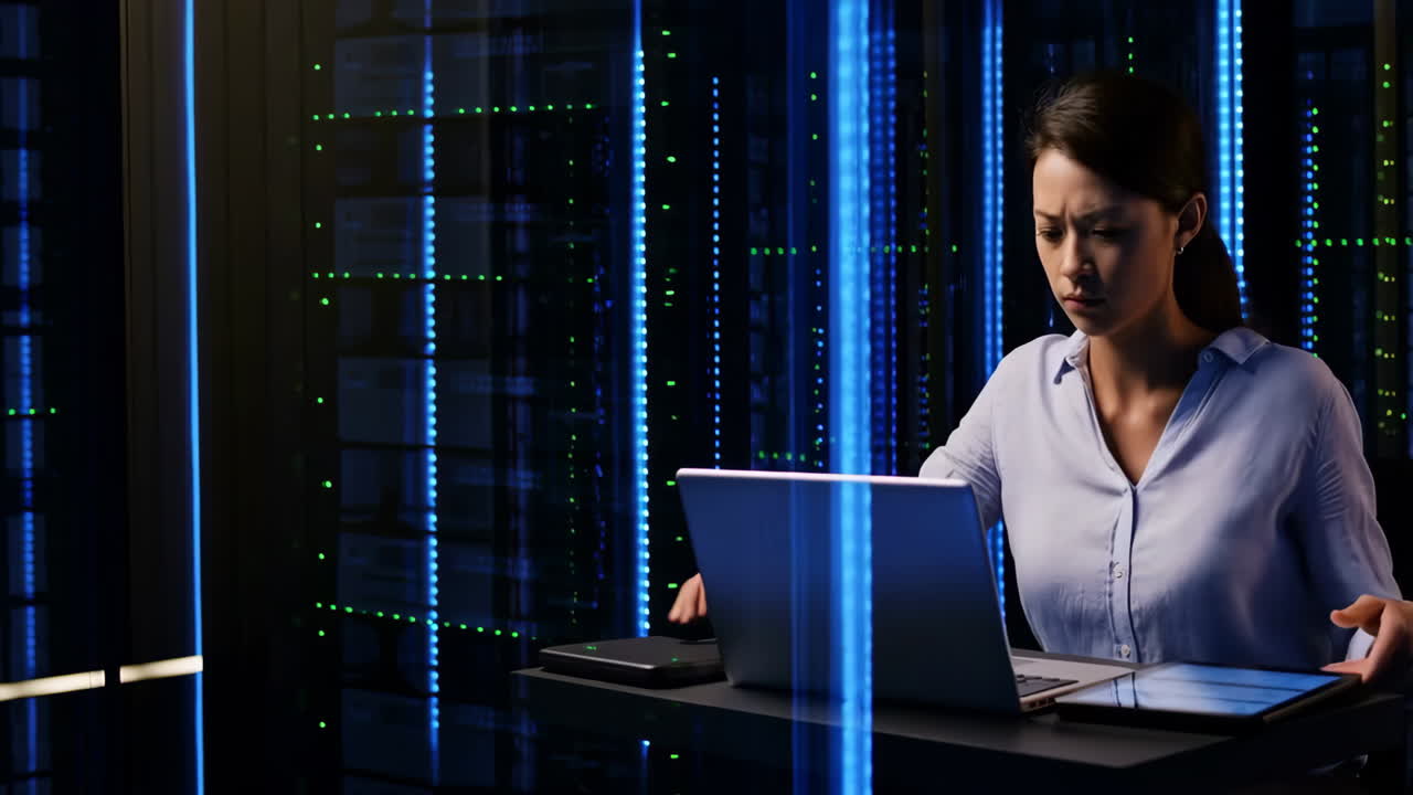 Kvinde arbejder i et datacenter med servere og bærbare computere
