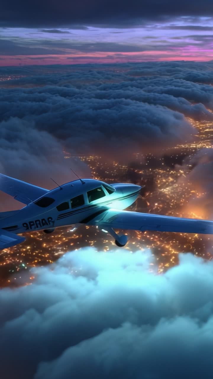 Veduta aerea di un aereo che vola sopra le nuvole al tramonto, illuminato dalle luci della città e dai vivaci colori del tramonto, catturando l'essenza del volo serale.