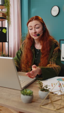 business woman wearing headset freelance worker call center or support service operator helpline