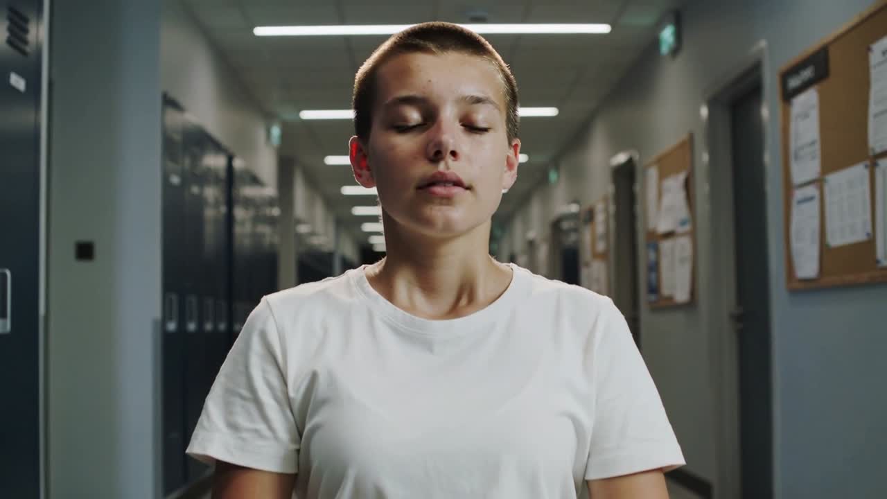 Sitting teen in white tee breathing eyes closed with camera moving in school hall, lockers