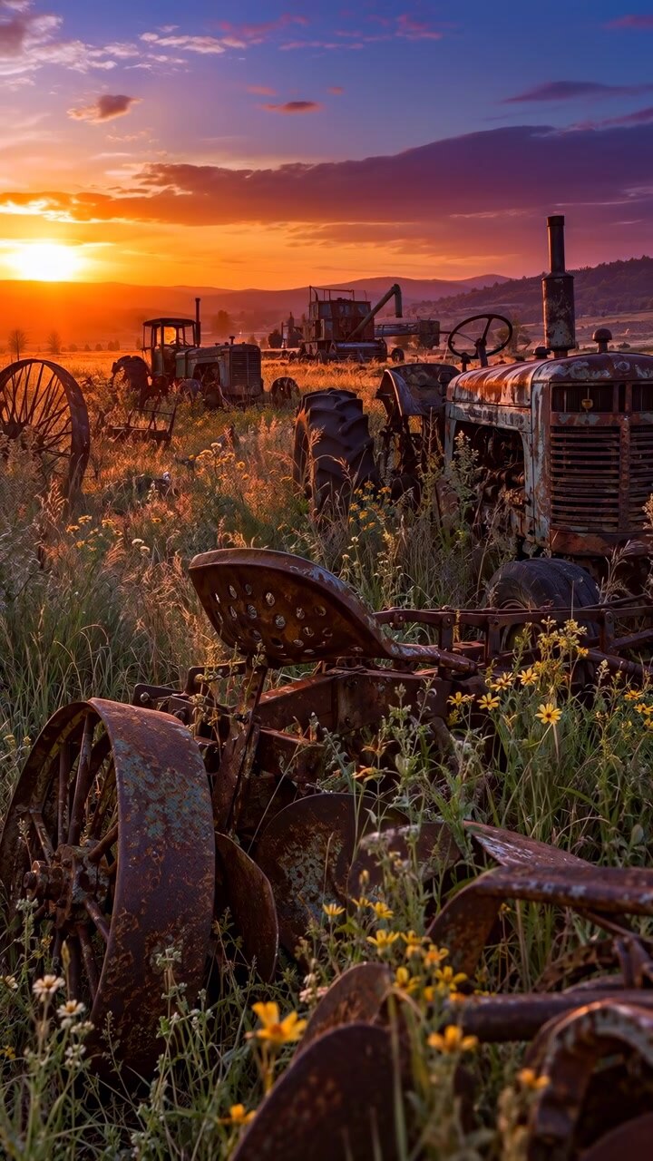 Værslitt landbruksutstyr fyller en gjengrodd eng, mens lavt sollys varmer rustent metall, gule blomster og traktorformer, og lagdelte skyer og fjerne åser rammer inn scenen