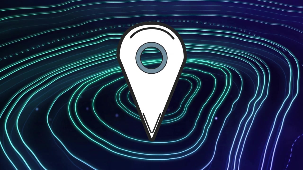 Animating location pin icon over neon contour lines background