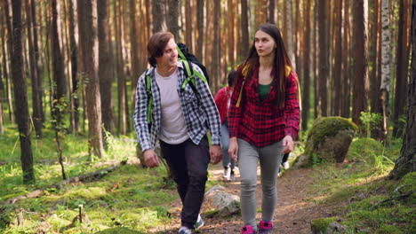 amigos haciendo senderismo en un bosque.