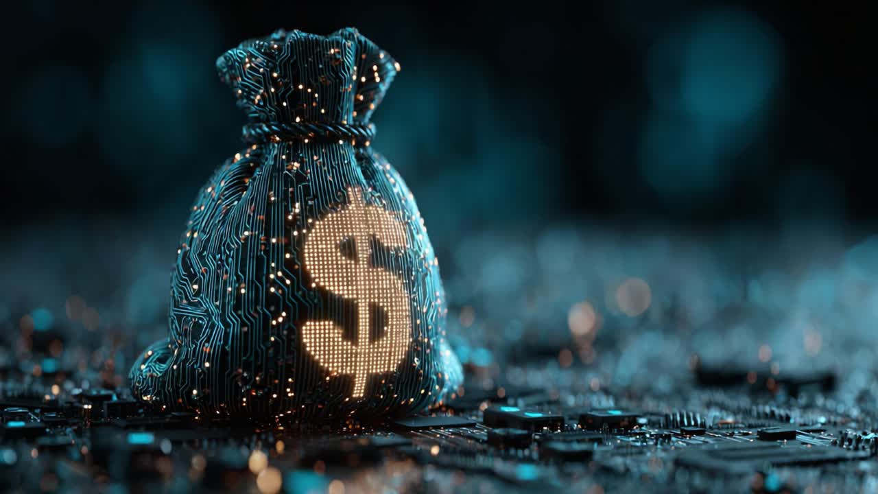 A Glowing Digital Money Bag Surrounded by Circuitry, Representing Wealth and Technology in a Futuristic, Financial Environment