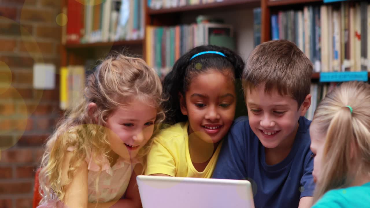 Animation of falling school supplies over diverse school kids in class at school