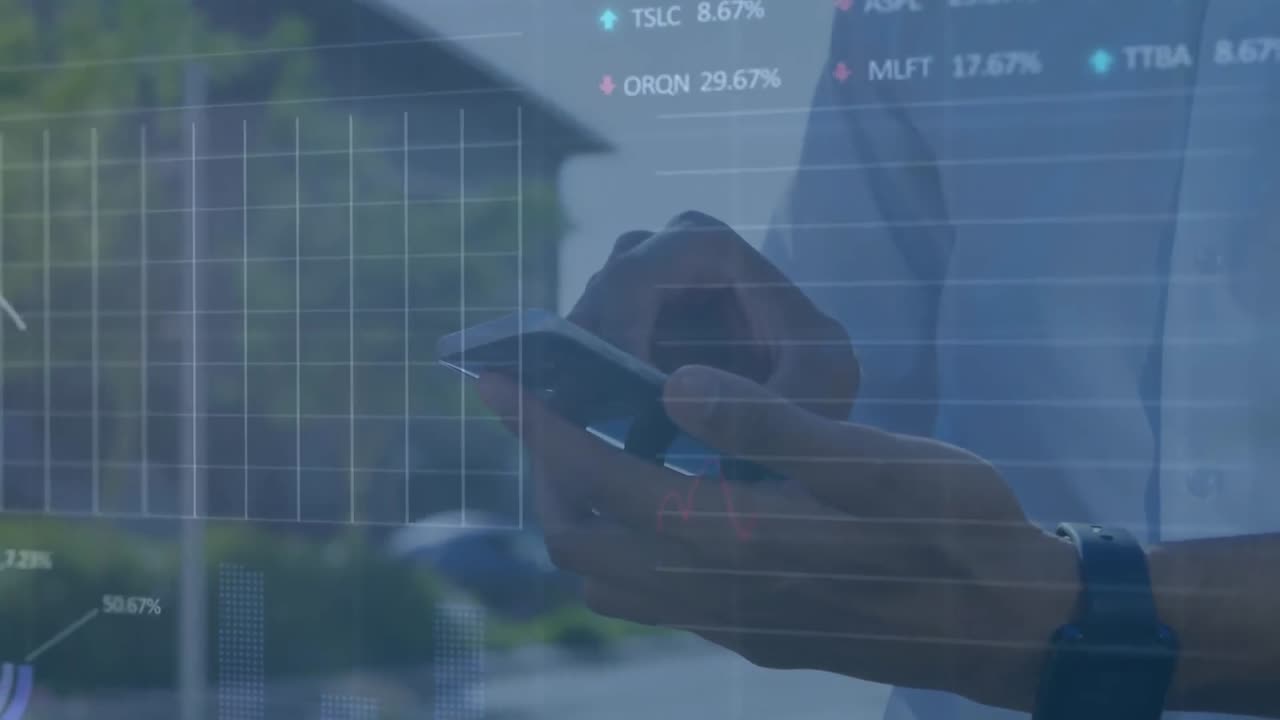 animazione dell'elaborazione dei dati finanziari su persone che utilizzano smartphone