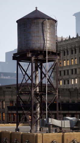 a rusty water tower on a city rooftop