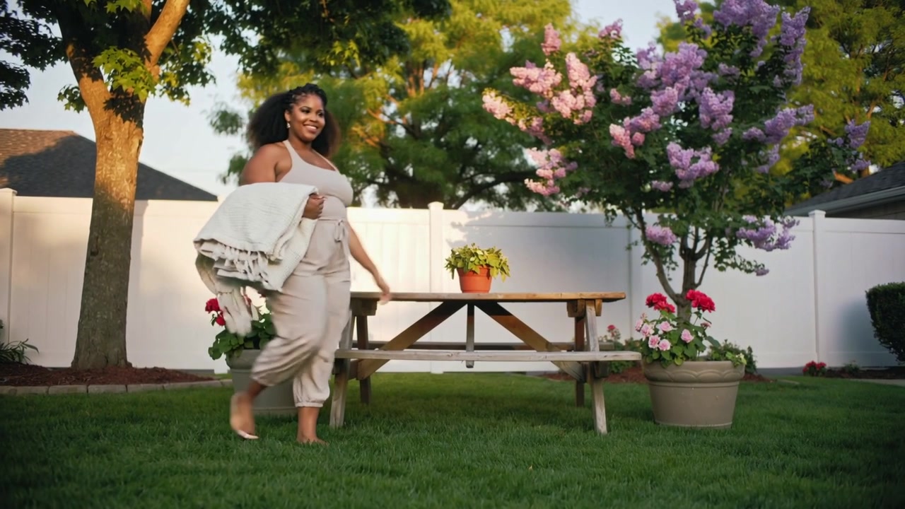 Walking barefoot woman in beige carrying blanket, entering left toward picnic table to set picnic