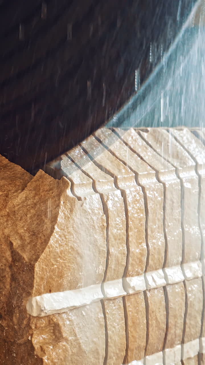 Machine for marble in factory. Close up of detail of circular saw used to cut granite Vertical video