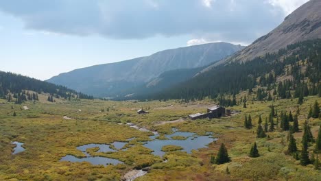 Aerial-views-of-Mosquito-Pass-in-Colorado-showing-fall-colors-on-large-meadows-with-touches-of-water-and-snow