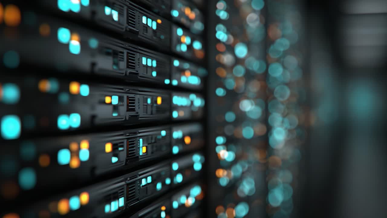 Una visualizzazione ravvicinata di un moderno data center con indicatori server luminosi che mostrano le apparecchiature di rete ad alta tecnologia in azione