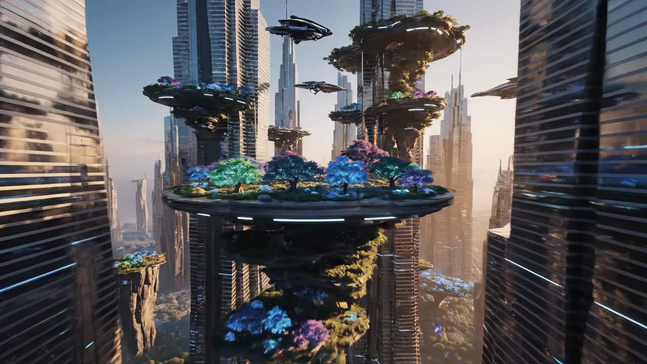 Futuristic Cityscape with Flying Vehicles and Elevated Gardens