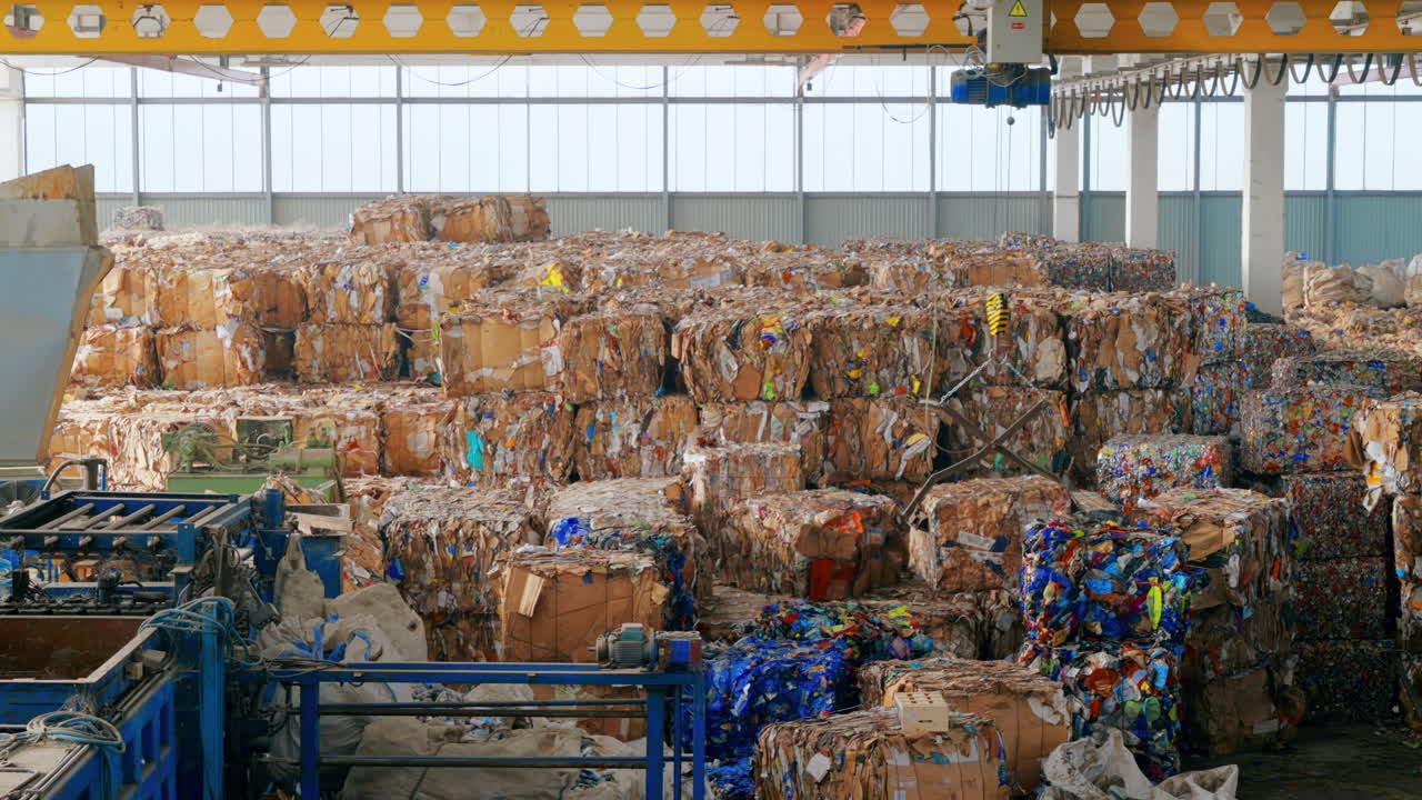 View of interior of a waste sorting plant. Cubes of compressed garbage, special tools, workers