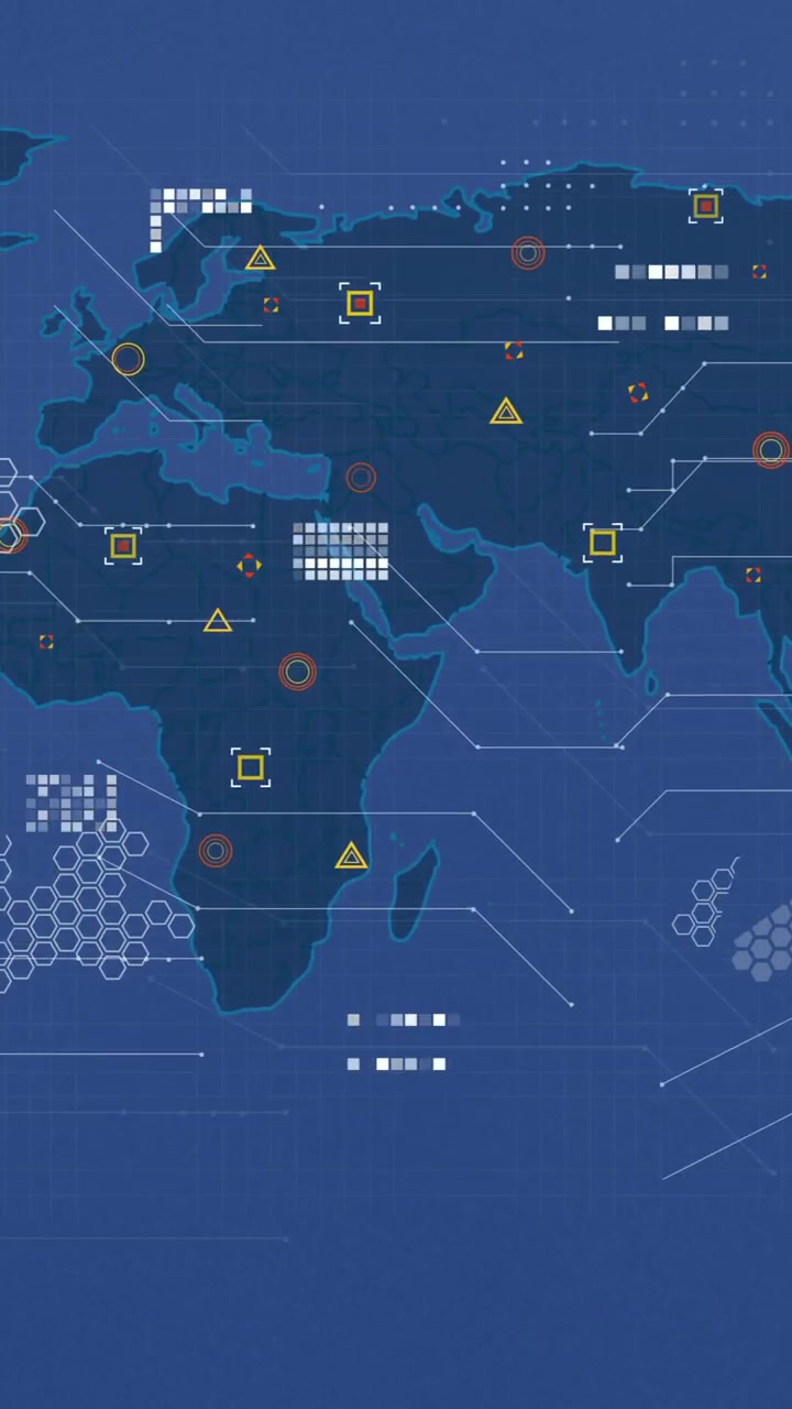 Animation of financial data processing and world map over blue background