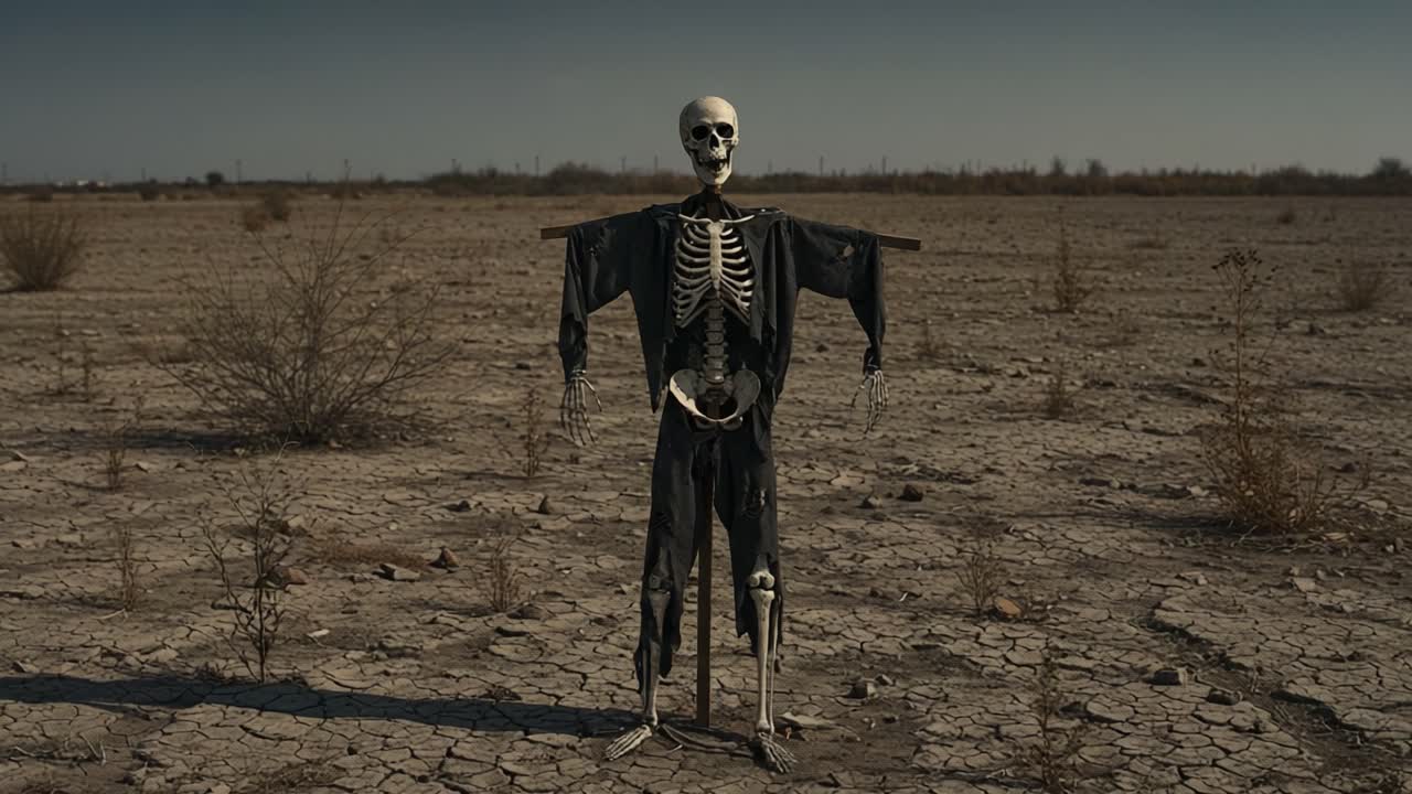 A Spooky Skeleton Figurine Stands Alone on a Barren Desert Landscape, Its Hollow Gaze Fixed on the Drought-Stricken Ground and Surroundings in a Chilling Atmosphere