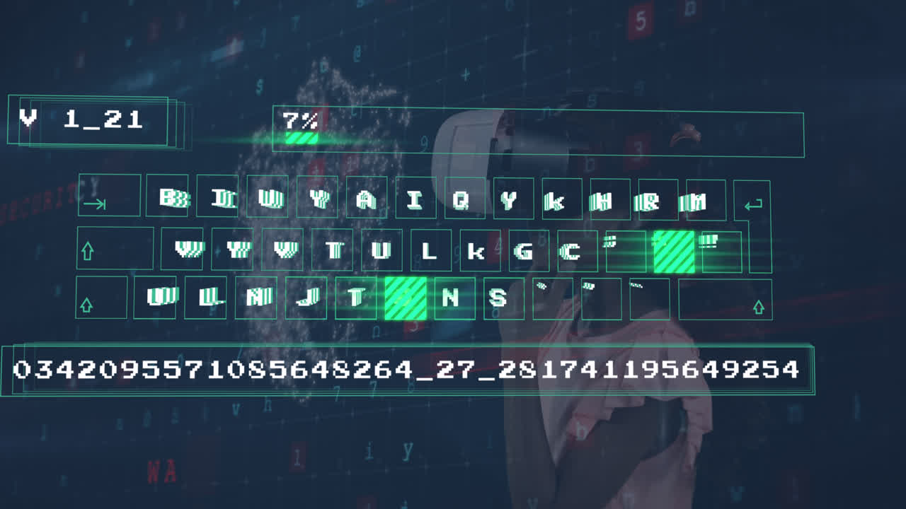 Animation of digital data processing on keyboard over caucasian girl wearing vr headset