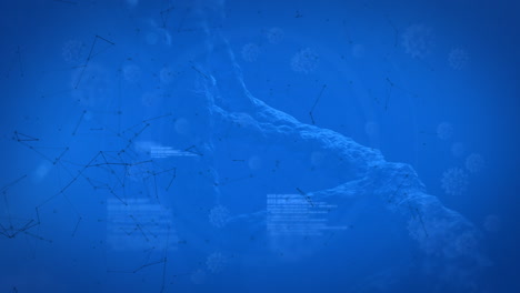 animation of data processing, dna strand, covid 19 cells on blue background