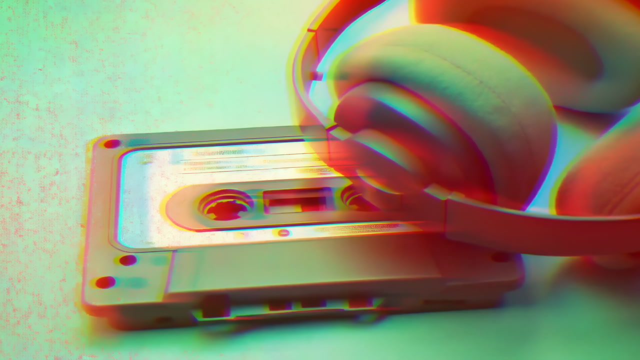 Cassette Tape With Headphones Retro Glitch Grainy Pastel Lighting With Chromatic Aberration, Soft Shadows,