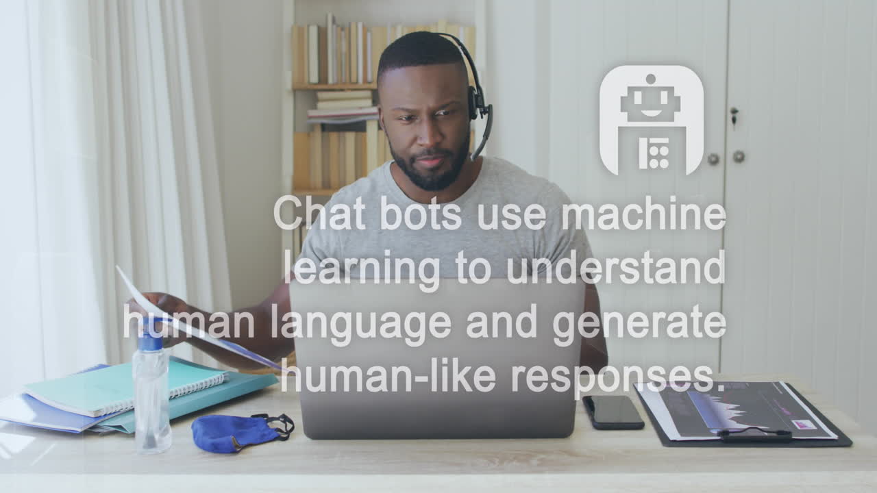 Animation of ai data processing over african american businessman using laptop