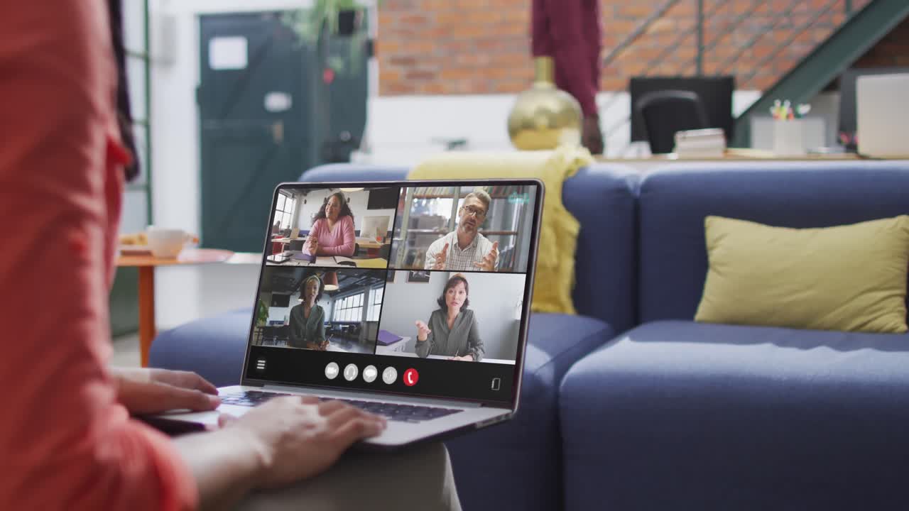 Animation of biracial woman having video call on laptop