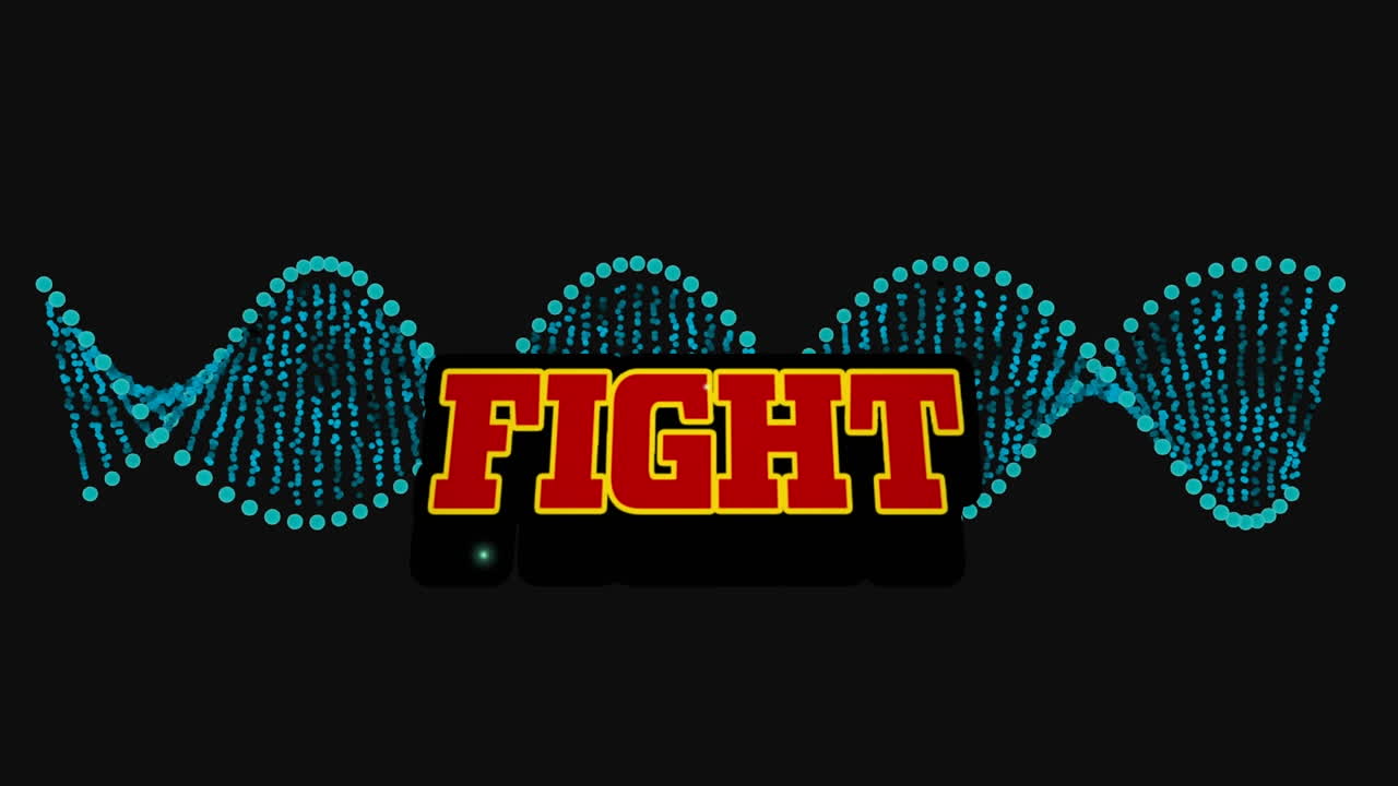 녹색으로 회전하는 dna 가닥 위에 싸우는 텍스트의 애니메이션