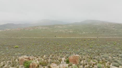 drone flies quickly past a rock formation towards a road where a black off-road vehicle drives in the desert landscape in cederberg wilderness area in south africa - mountains in clouds in the horizon