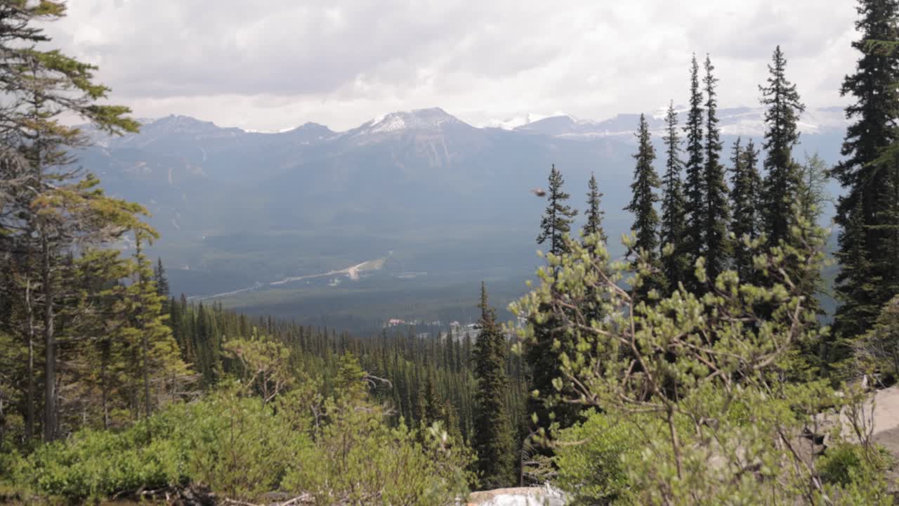Looking down on Fairmont Lake Louise from the top of the hiking trail at Lake Agnes Tea House on Mount St. Piran and Mount Whyte, within Banff National Park near Lake Louise Alberta.
