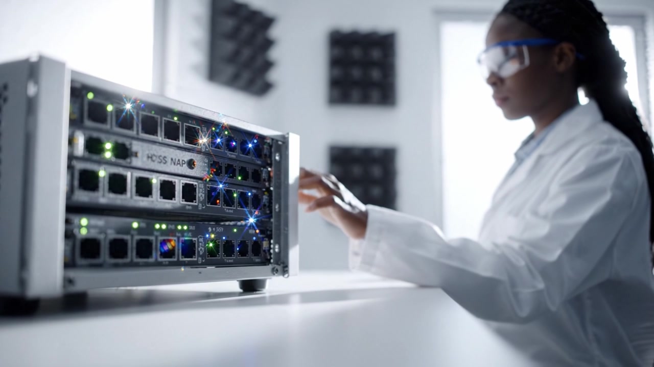 Researcher Analyzes Advanced Network Equipment in Laboratory Setting, Highlighting Cutting-Edge Technology and Innovation in Computer Science Field.