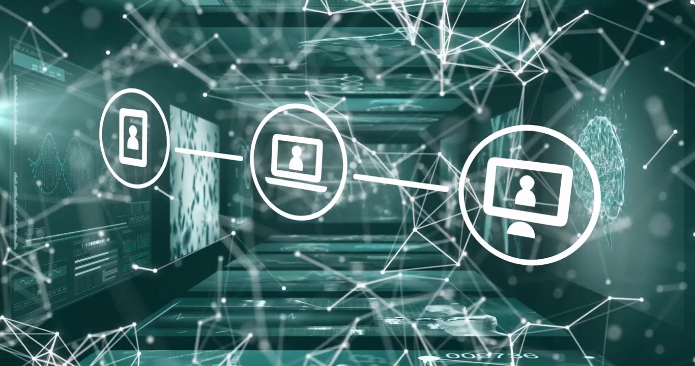 Tablet icon appearing sparking line to monitor, laptop fading in holograms glowing through corridor