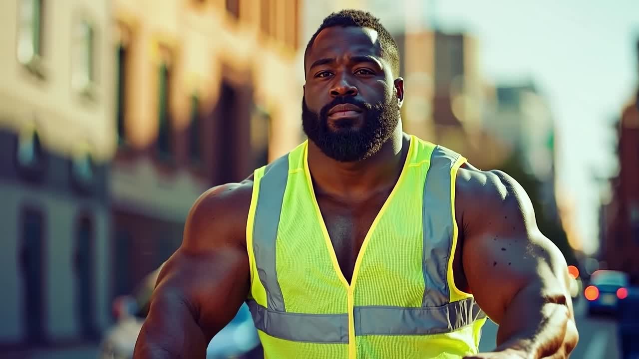 A man in a yellow vest is running down the street