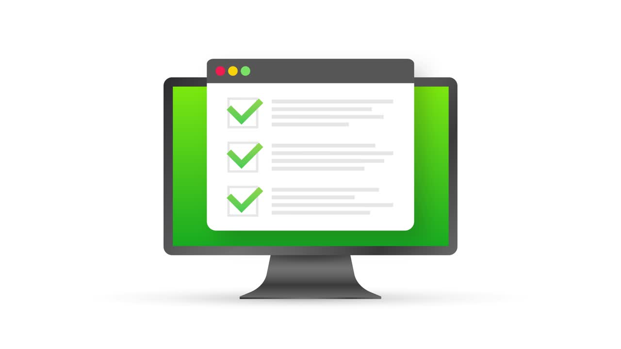 Checklist browser window. Check mark. White tick on laptop screen. Choice, survey concepts. Motion graphics