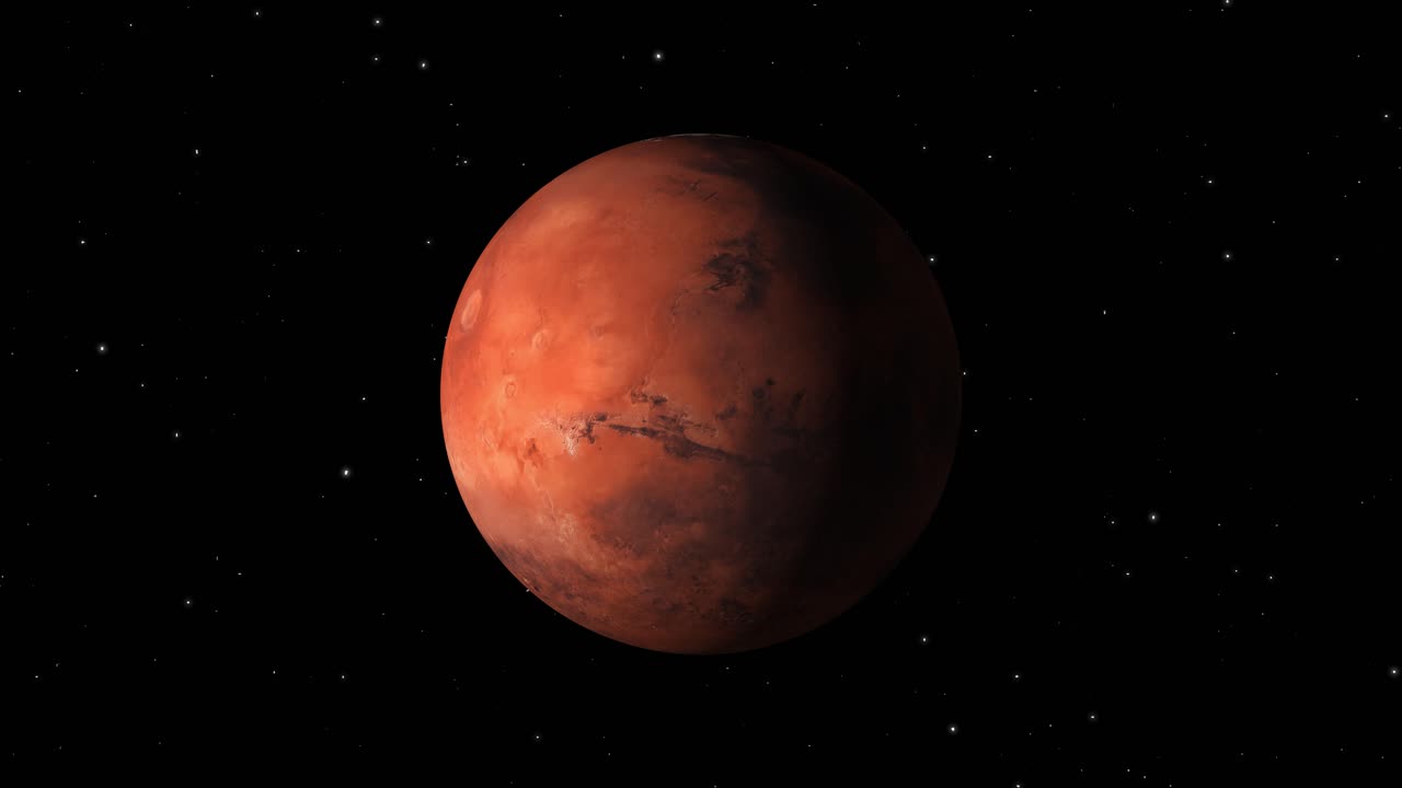 Planeta Mars unosząca się w głębokiej przestrzeni kosmicznej z tłem gwiezdnego pola i subtelną smugą meteoru, idealna do wizualizacji science fiction, astronomii, eksploracji kosmosu i futurystycznych technologii.